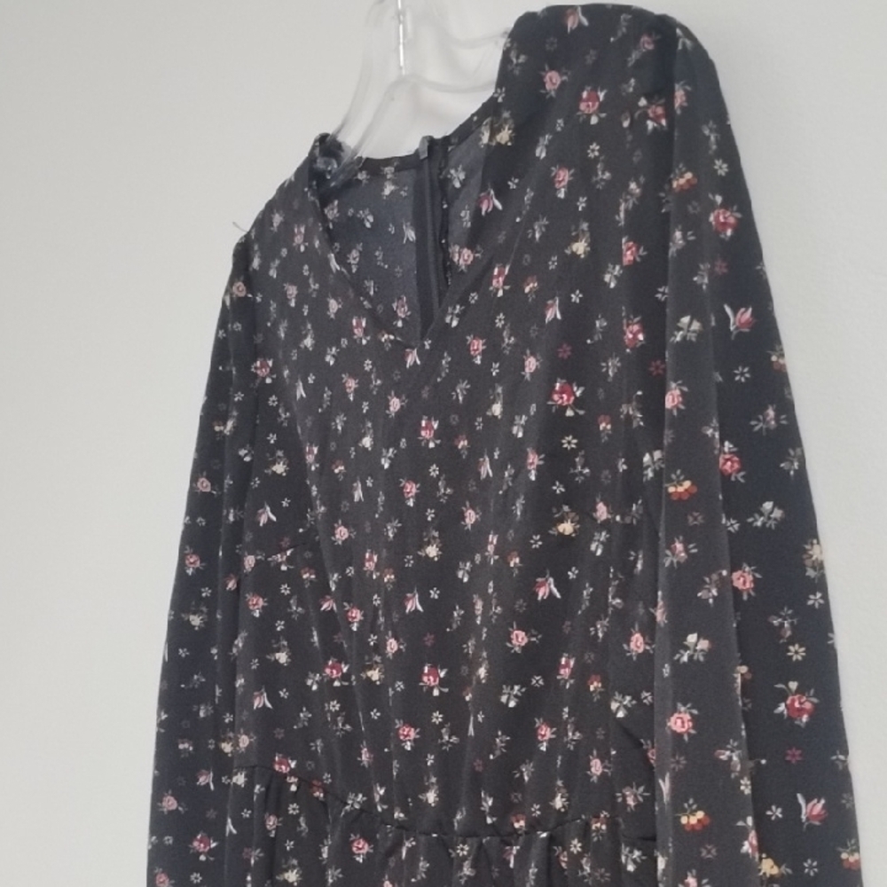 Black Ditsy Floral Feminine Girly Boho Cottagecore Long Sleeve Maxi Dress - Picture 2 of 11